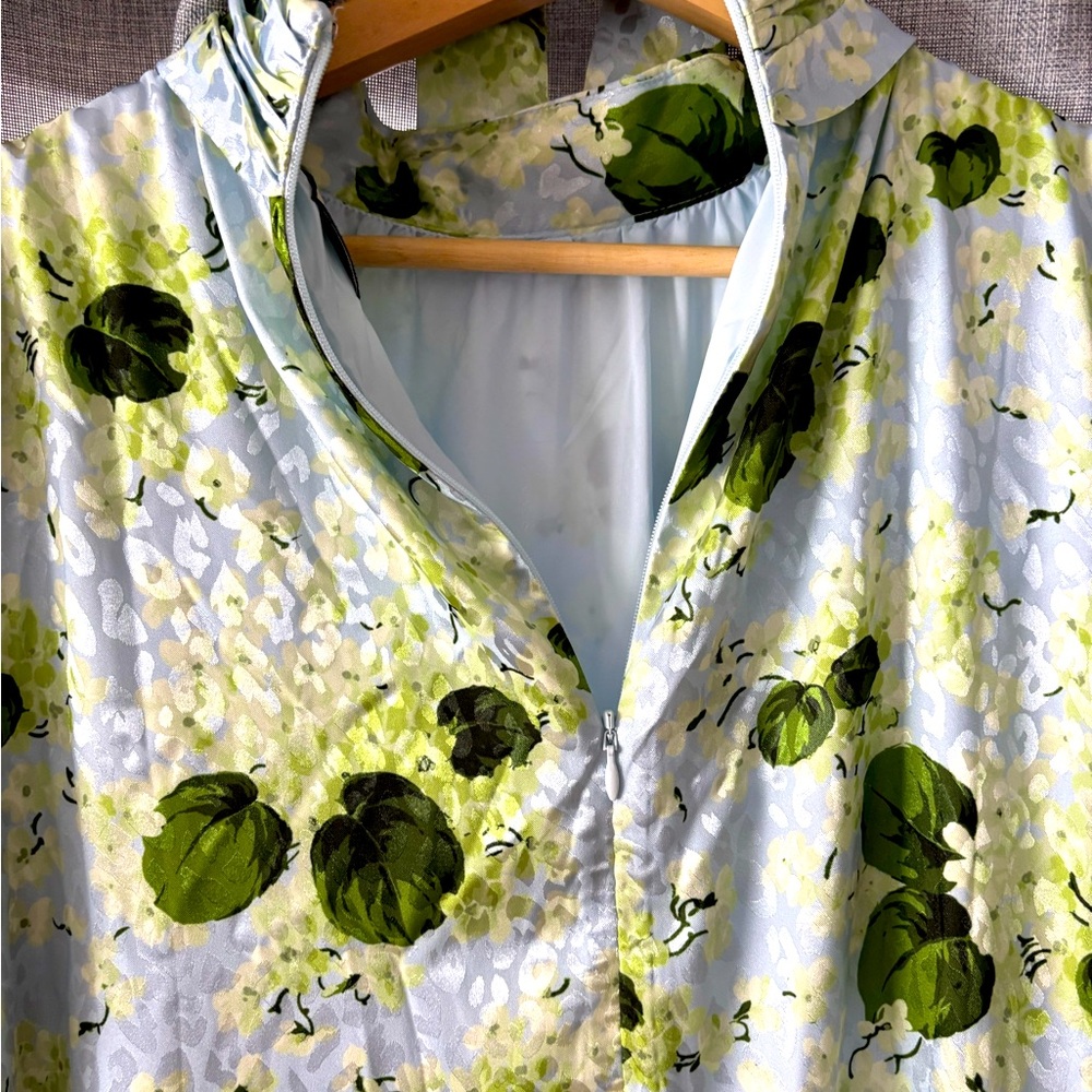 Tuckernuck floral. Green periwinkle blue satin, green trim
